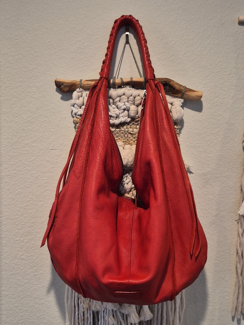 Christopher Kon Coral Red Genuine Leather Braided Handle Hobo Shoulder Bag